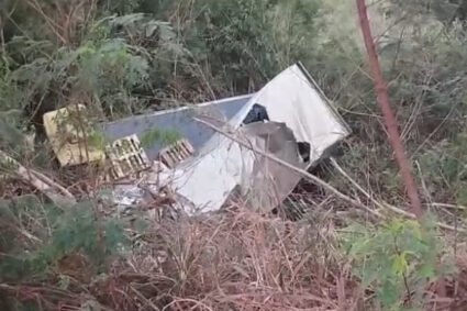 Caminhão tomba em ribanceira de 10 metros na BR-262 e deixa motorista ferido em Corumbá